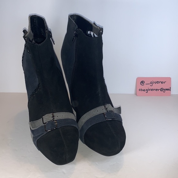 Restricted Suede Black & Blue Patchwork Wedge Buckle Booties - Picture 4 of 16